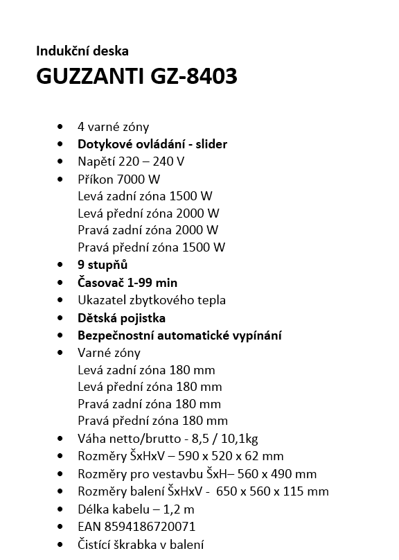 GUZZANTI indukční deska GZ 8403